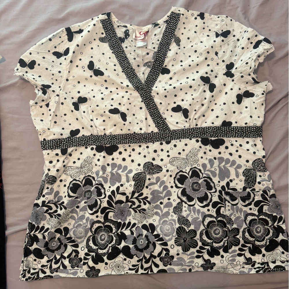 Floral and Polka Dot V-Neck Scrub Top